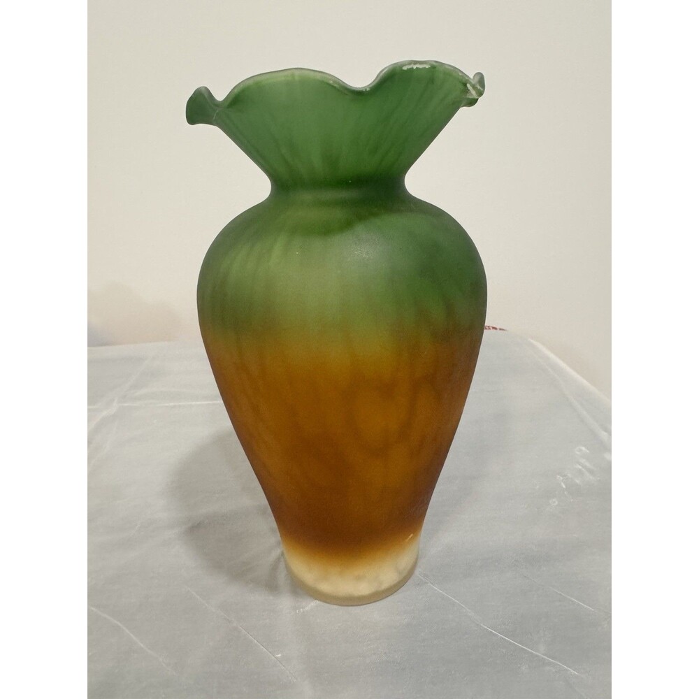 Vintage Satin Art Glass Vase Green Amber Ombré Ruffled Rim Art Nouveau Style
